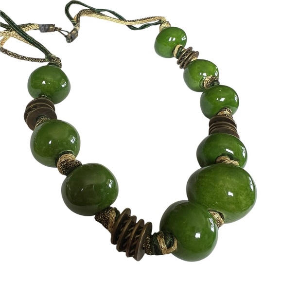 Vintage Olive Green Ceramic Bead Necklace with Brass Coil Accents - Picture 2 of 4
